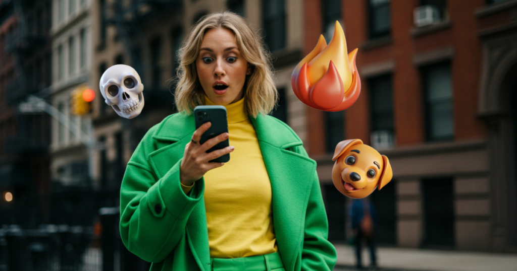 Image of a woman looking in surprise at her phone. Several 3D emojis float around her head: a skull, fire, and a dog. 