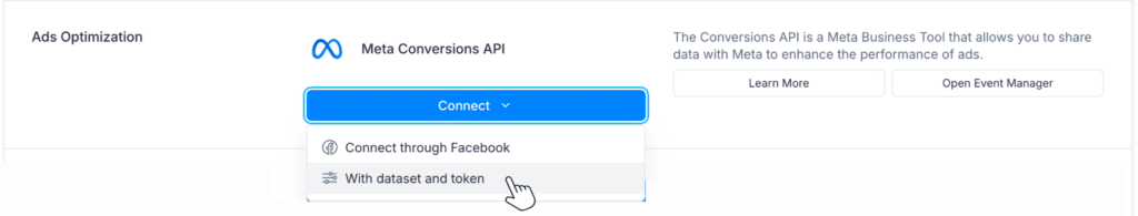 Screenshot of Meta Conversions API selecting how to Connect with the option "With dataset and token" highlighted