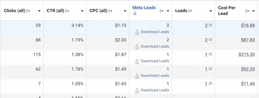 Screenshot of Meta Leads data chart with categories from left to right including Clicks (all), CTR (all), CPC (all), Meta Leads, Leads, and the Cost Per Lead