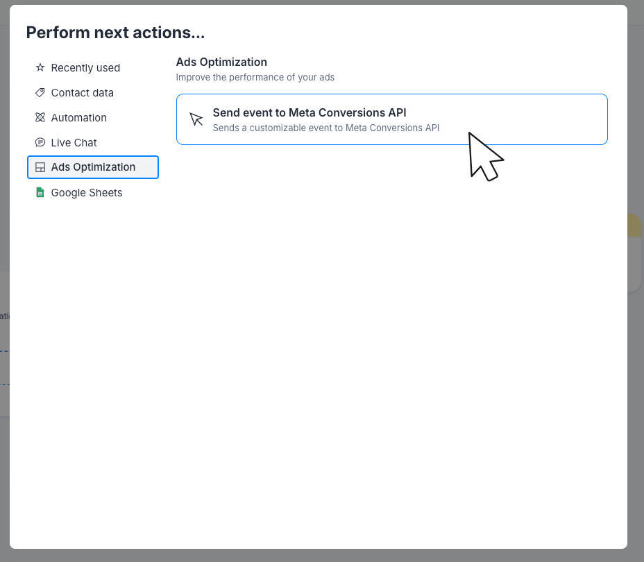 Screenshot of "Perform next actions" page with Ads Optimization highlighted and "Send event to Meta Conversions API" as the next action