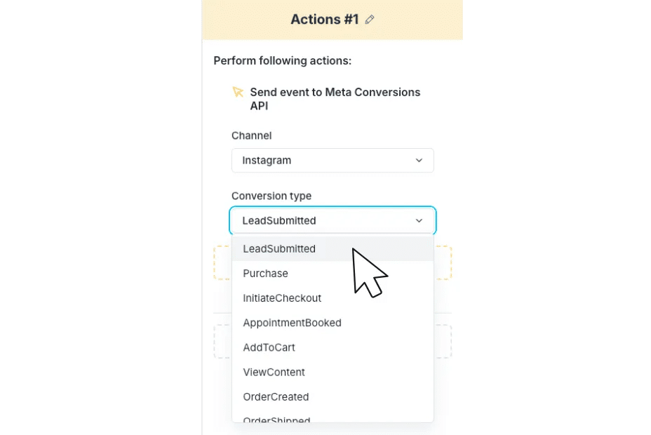 Screenshot of Actions #1 page asking if you want to Perform following actions: Send event to Meta Conversions API. Channel selected from the drop first down menu is "Instagram". The second drop down menu, Conversion type, has LeadSubmitted highlighted 