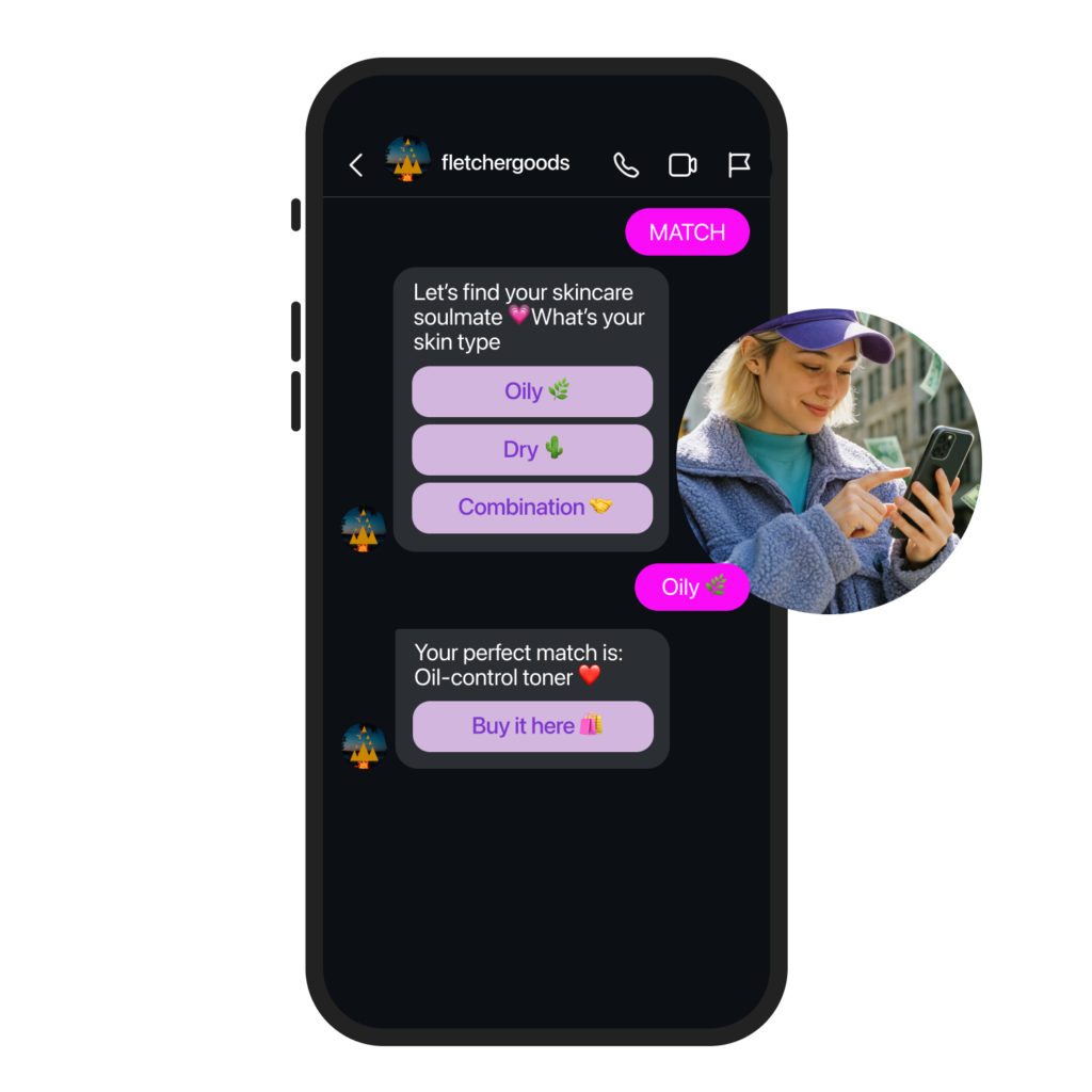 Screenshot of an example of a Manychat Valentine's Day automation template allowing users to play a fun matchmaking game with products 